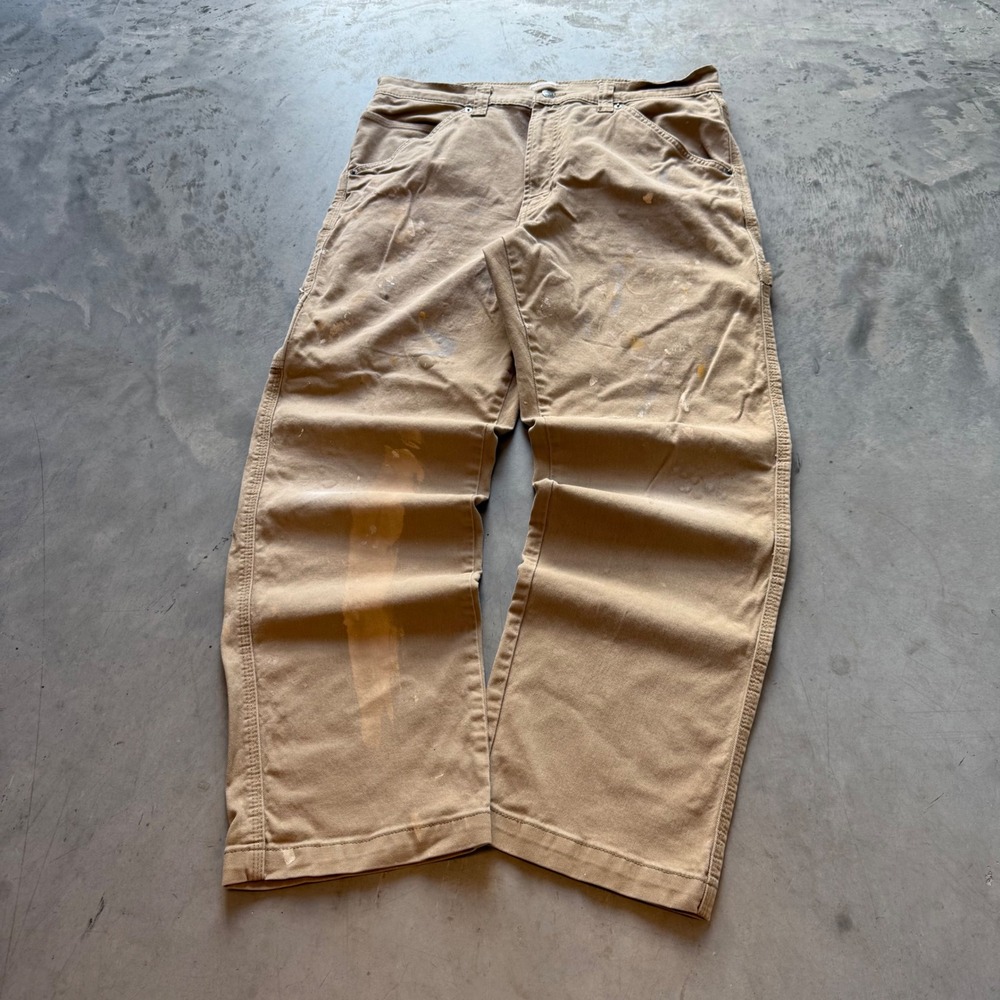 Levi Strauss Signature Mens Carpenter Pants 36x32 Tan Khaki Workwear Distressed
